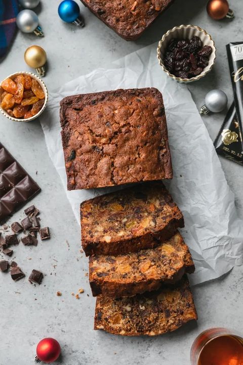 dark chocolate fruit cake loaf with dried fruits