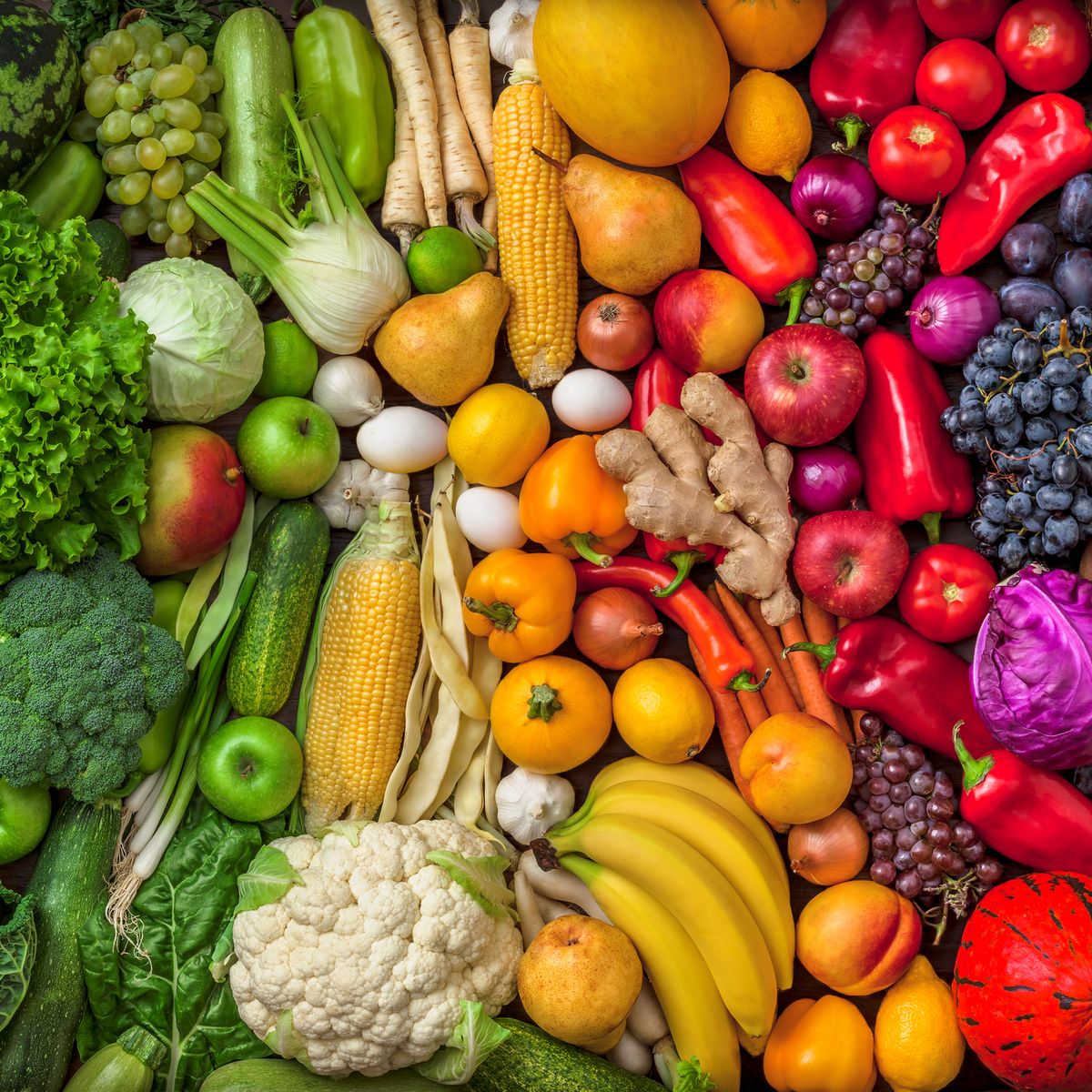 Fruits and vegetables large overhead colorful mix green to red