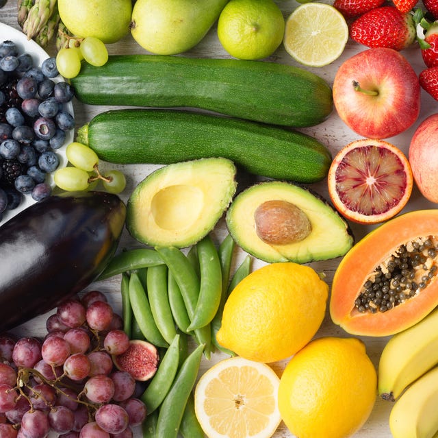 rainbow fruits and vegetables, top view