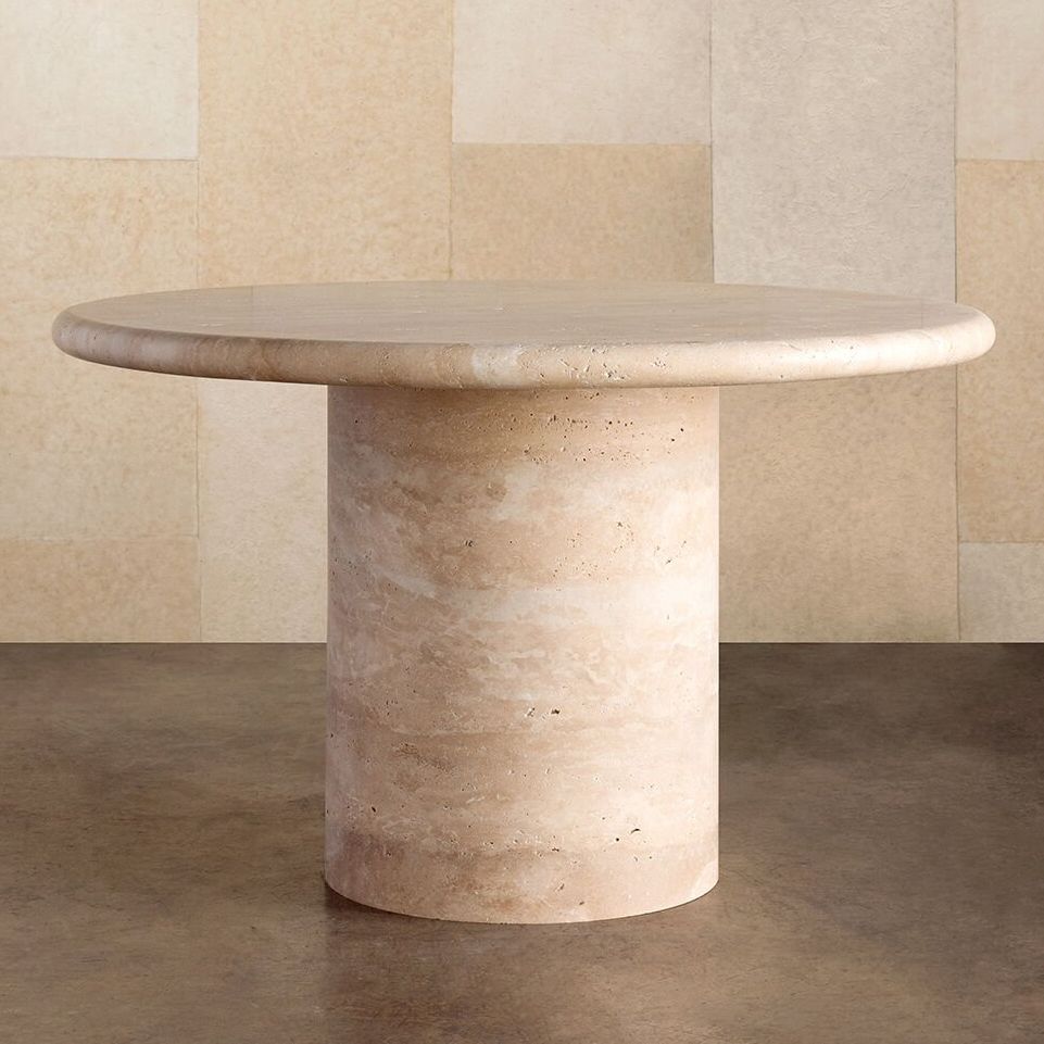 dume pedestal travertine dining table by kelly wearstler