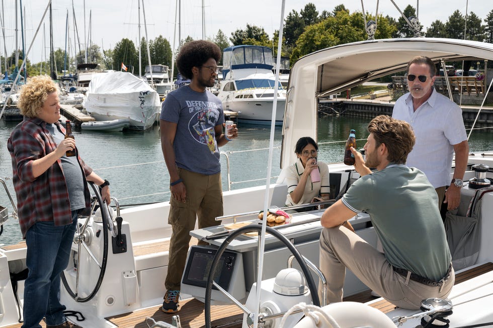 fubar season 2 arnold netflix fubar l to r fortune feimster as roo russell, milan carter as barry putt, aparna brielle as tina mukerji, travis van winkle as aldon reece, arnold schwarzenegger as luke brunner in episode 104 of fubar cr christos kalohoridisnetflix © 2023