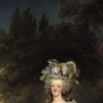 a painting of a young girl and boy standing on either side of a woman in a fancy dress, they appear outside with a dome temple and trees in the background