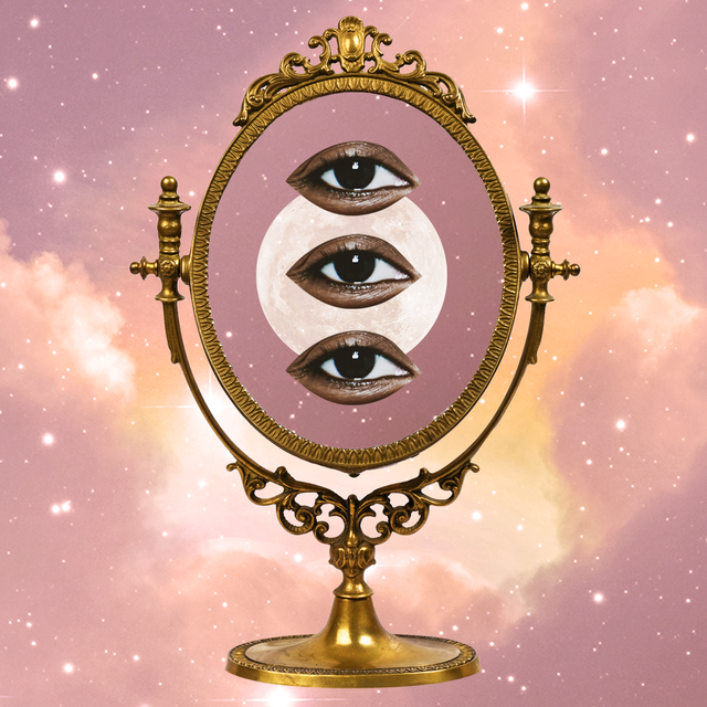 three eyes over a full moon in the middle of a mirror