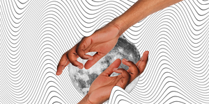 two hands reach out over a full moon