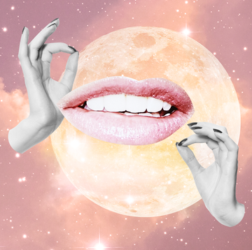 a full moon is placed over a pink and purple cloudy sky two hands and a pair of lips are placed over the moon