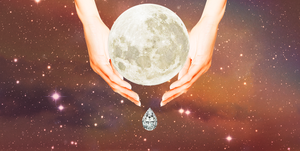 two pale hands hold a full moon in a dark, starry sky with a diamond tear falling from the moon