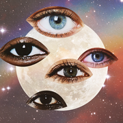 five eyes are placed over a full moon looking out at the reader