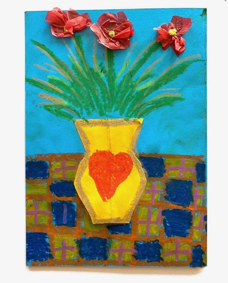 Painting, Flower, Still life, Flowerpot, Yellow, Child art, Tulip, Plant, Vase, Modern art, 