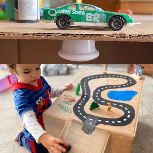 There is also a race track with magnets on the bottom for kids to control the cars.