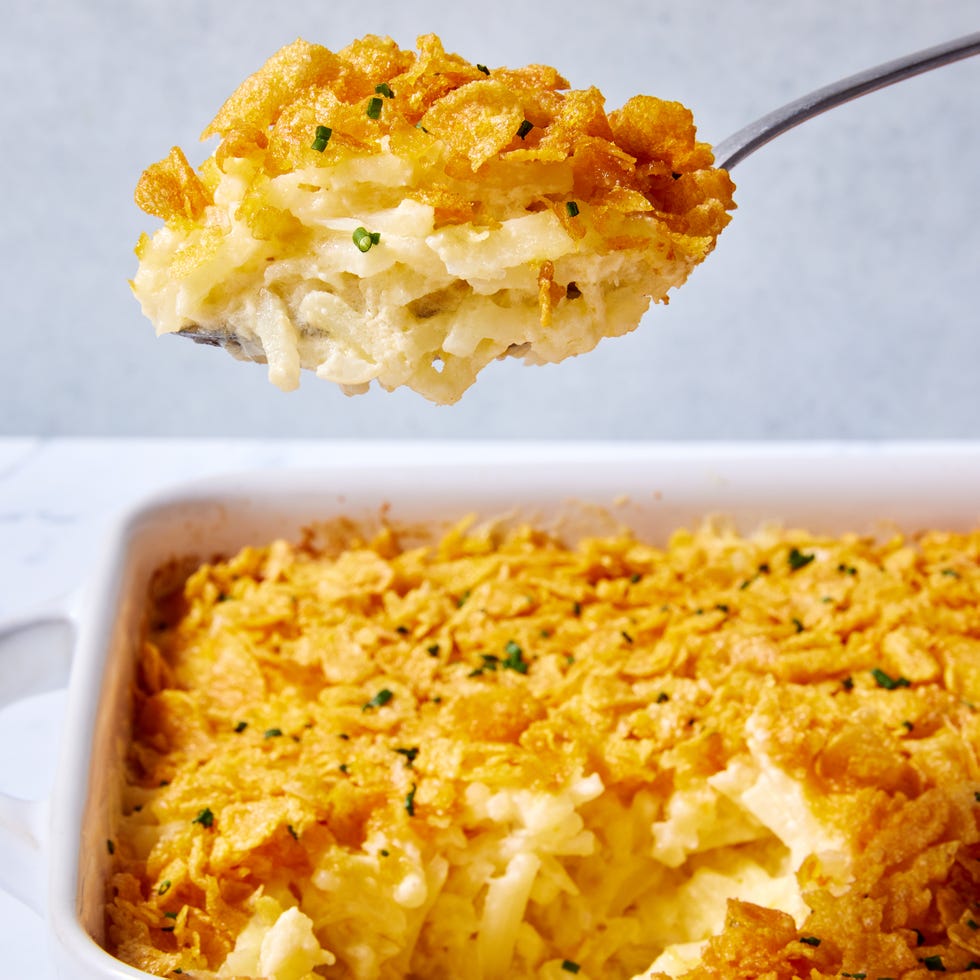 creamy cheesy potatoes with a buttery cornflake topping