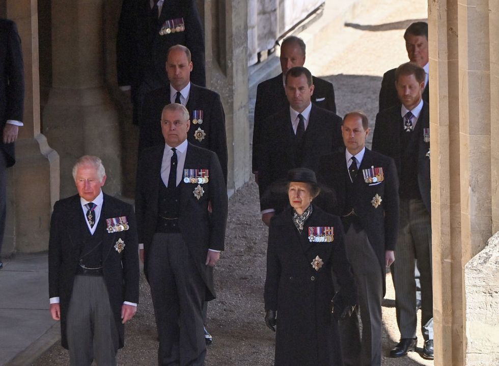 windsor, england   april 17  prince charles, prince of wales, prince andrew, duke of york, princess anne, princess royal, prince william, duke of cambridge, earl of snowdon david armstrong jones, peter phillips, prince edward, earl of wessex,  prince harry, duke of sussex and vice admiral sir timothy laurence during the funeral of prince philip, duke of edinburgh on april 17, 2021 in windsor, england prince philip of greece and denmark was born 10 june 1921, in greece he served in the british royal navy and fought in wwii he married the then princess elizabeth on 20 november 1947 and was created duke of edinburgh, earl of merioneth, and baron greenwich by king vi he served as prince consort to queen elizabeth ii until his death on april 9 2021, months short of his 100th birthday his funeral takes place today at windsor castle with only 30 guests invited due to coronavirus pandemic restrictions photo by samir hussein   poolwireimage