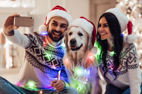 happy couple with dog labrador retriever waiting for the new year