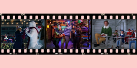 a film strip with scenes from hot frosty, the night before and elf