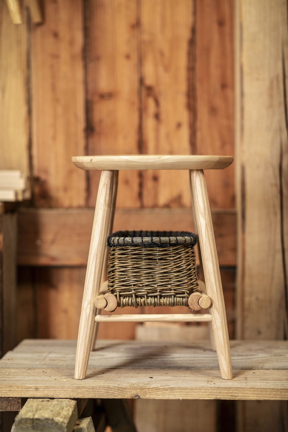 a chair with a basket on it
