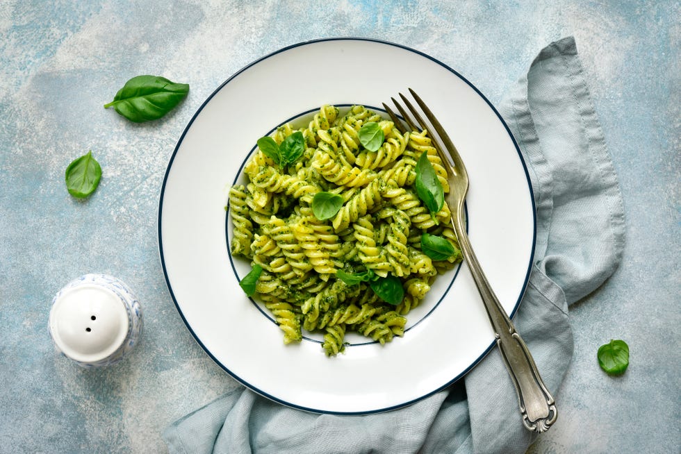 Fusilli pasta with basil pesto