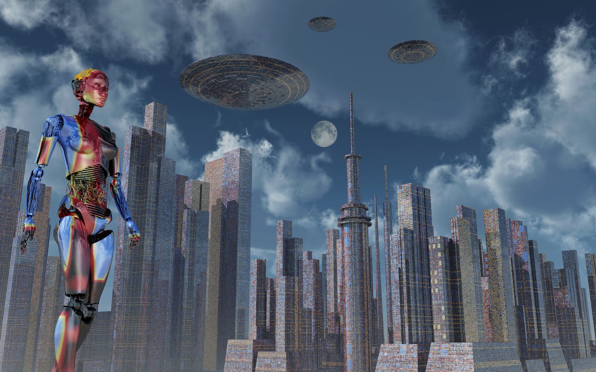 a futuristic city where robots and flying saucers are common place