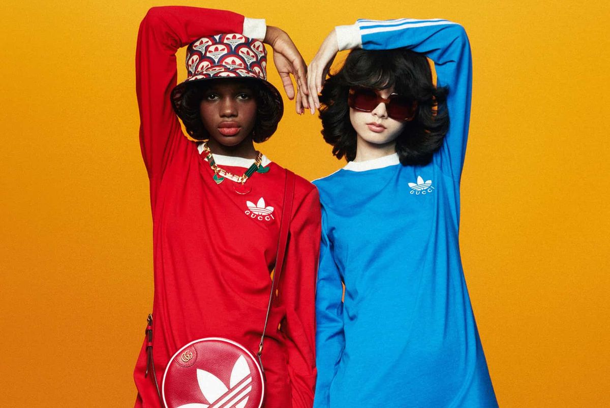 two models wear gucci adidas dresses and accessories in a roundup of the gucci adidas collaboration 2022