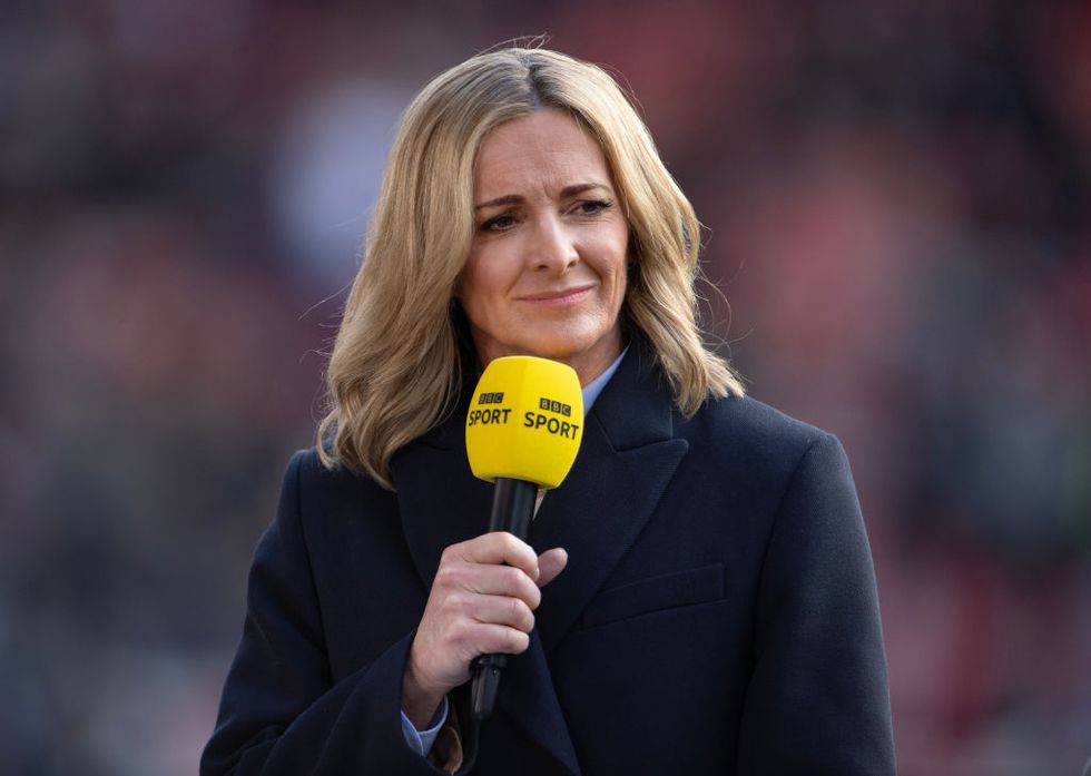 leigh, england april 15 bbc sport presenter gabby logan during the vitality womens fa cup semi final between manchester united and brighton hove albion at leigh sports village on april 15, 2023 in leigh, england photo by visionhausgetty images