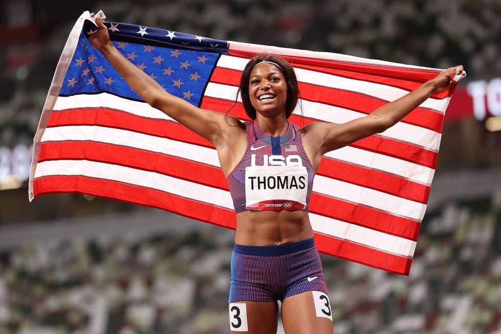 tokyo, japan august 03 bronze medal winner gabrielle thomas celebrates after the women's 200m final on day eleven of the tokyo 2020 olympic games at olympic stadium on august 03, 2021 in tokyo, japan photo by david ramosgetty images