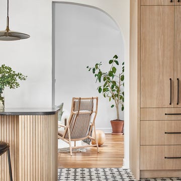 neutral living space with large plant and patterned floor neutral living space with large plant and patterned floor