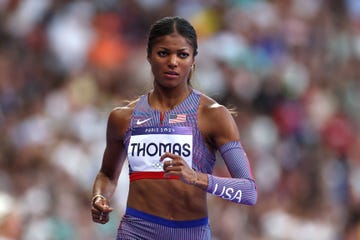 gabby thomas runs in the paris olympic games