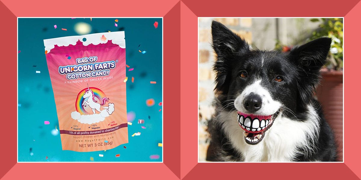 unicorn farts cotton candy and grinz toy in mouth of dog