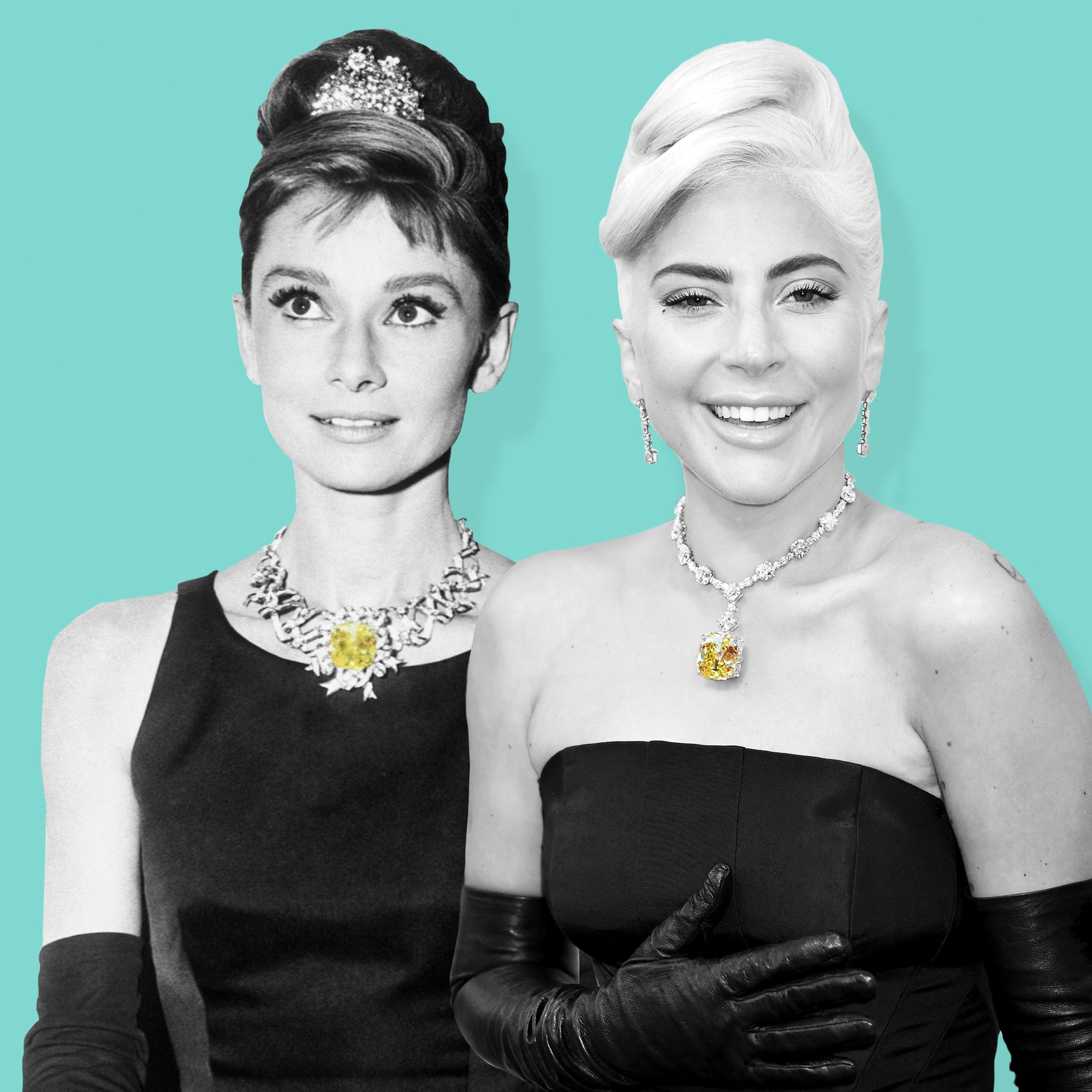Lady Gaga and Audrey Hepburn in the Tiffany Diamond