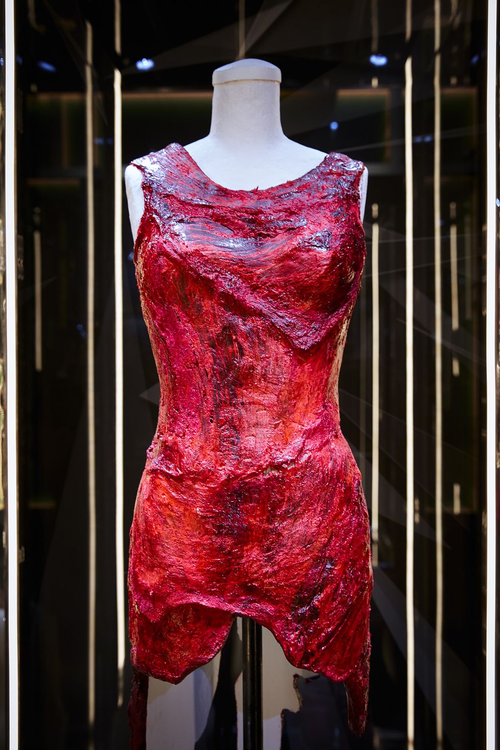 Clothing, Mannequin, Dress, Red, Cocktail dress, Pink, Fashion, Textile, Day dress, Pattern, 