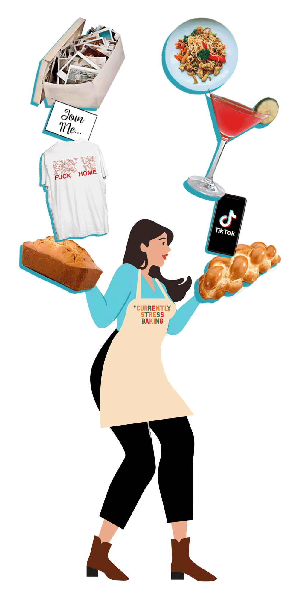 woman holding food, cocktail, photos, invitation and more
