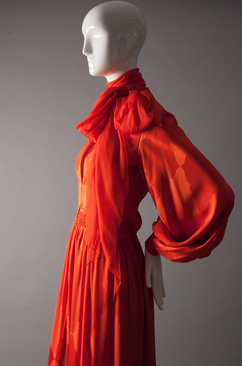 Orange, Clothing, Red, Silk, Outerwear, Dress, Mannequin, Formal wear, Satin, Peach, 