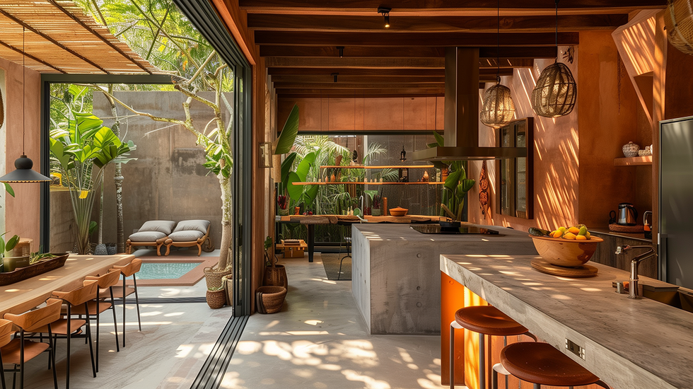 cocina abierta al patio con piscina generado por ia