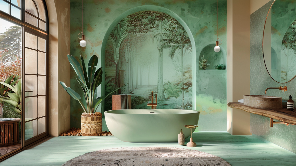 baño moderno de lujo en color verde diseñado por ia