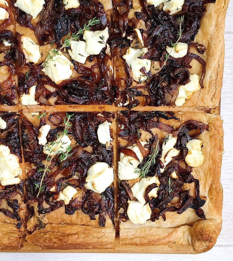 caramelized onion tart with goat cheese and thyme