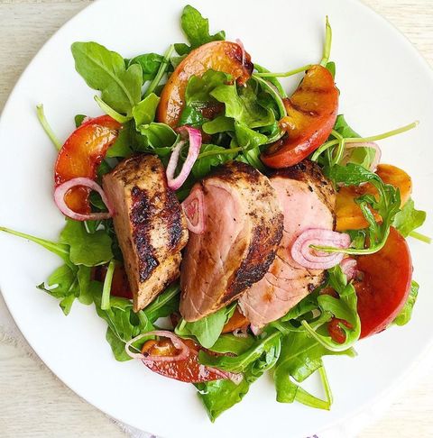 spiced pork tenderloin with grilled peaches and arugula salad