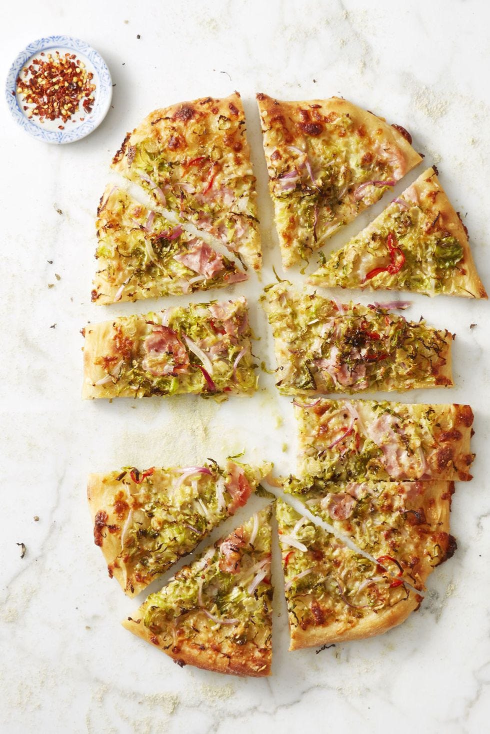 white pizza with brussels sprouts and ham