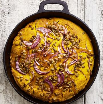 skillet pumpkin cornbread with red onion in cast iron skillet pan