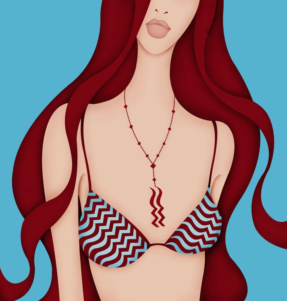 Red, Swimsuit top, Long hair, Fictional character, Brown hair, Illustration, Chest, Red hair, Flesh, Neck, 