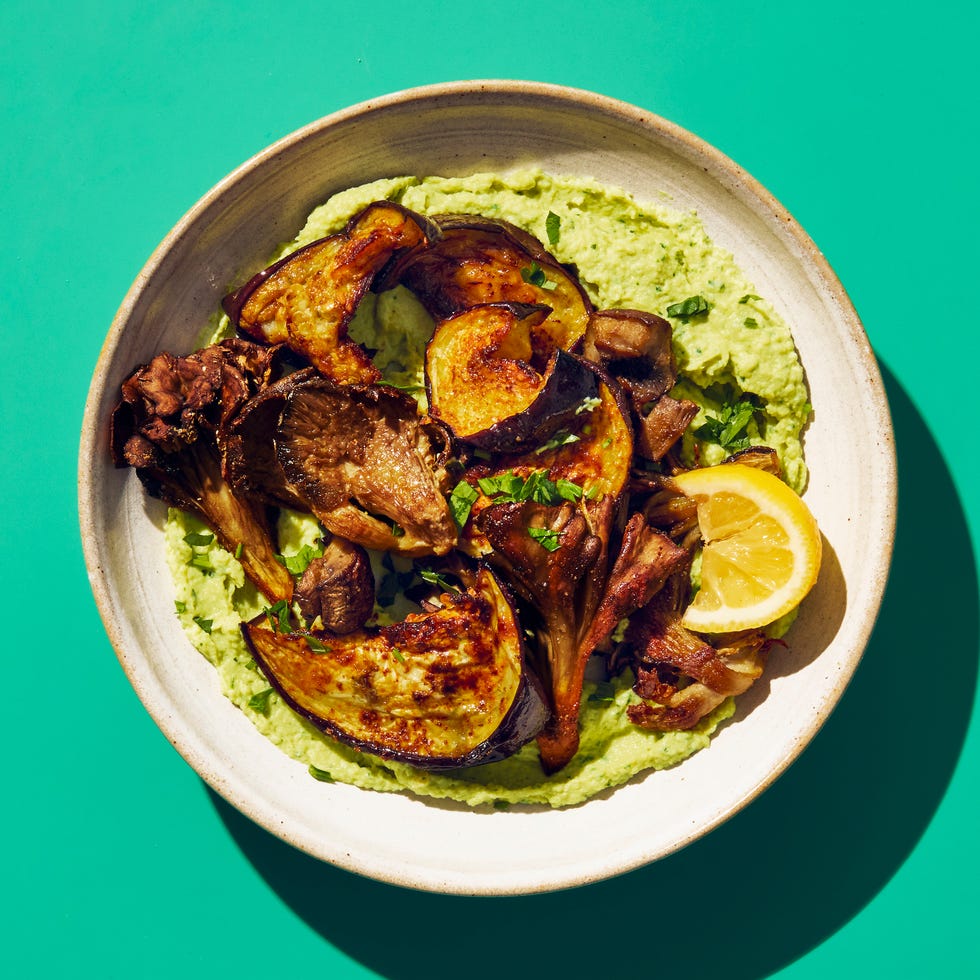 artichoke hummus with spiced eggplant and mushrooms