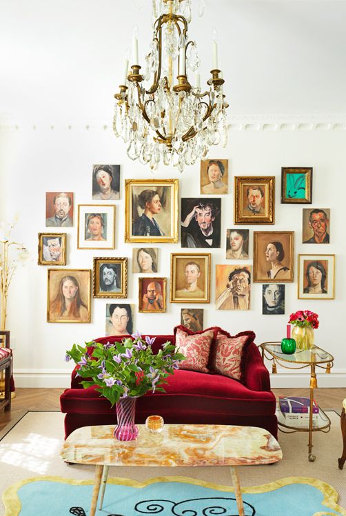 modern living room with old fashioned gallery wall