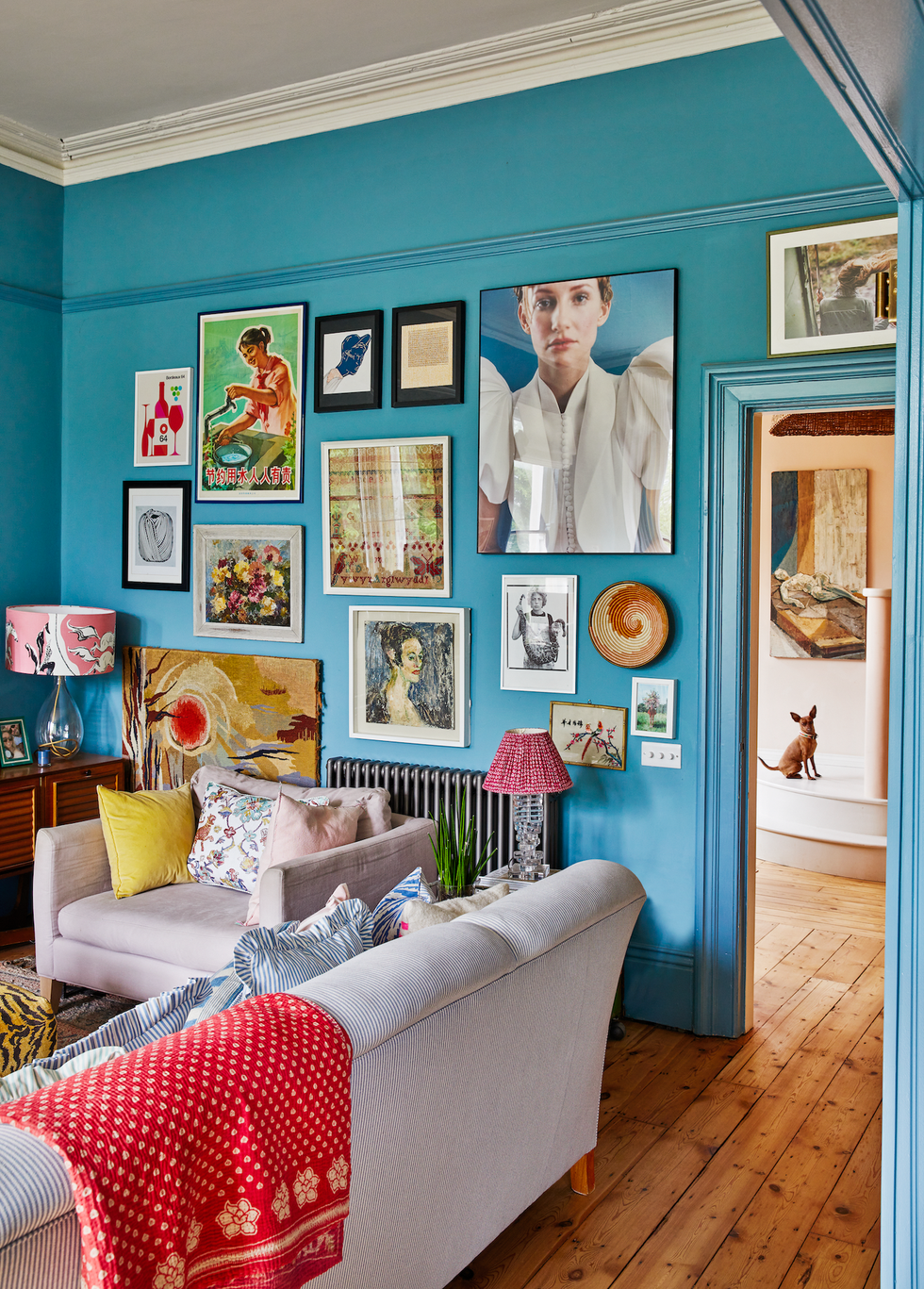 colourful living room with gallery wall