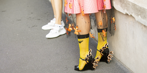 Footwear, Street fashion, Yellow, Leg, Human leg, Orange, Joint, Fashion, Shoe, Knee, 