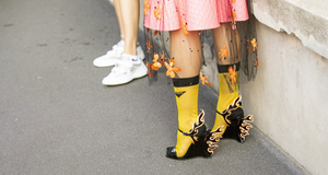 Footwear, Street fashion, Yellow, Leg, Human leg, Orange, Joint, Fashion, Shoe, Knee, 