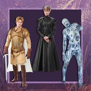 people wearing a lion queen armor gowns renaissance knight costume, and a white walker morphsuits