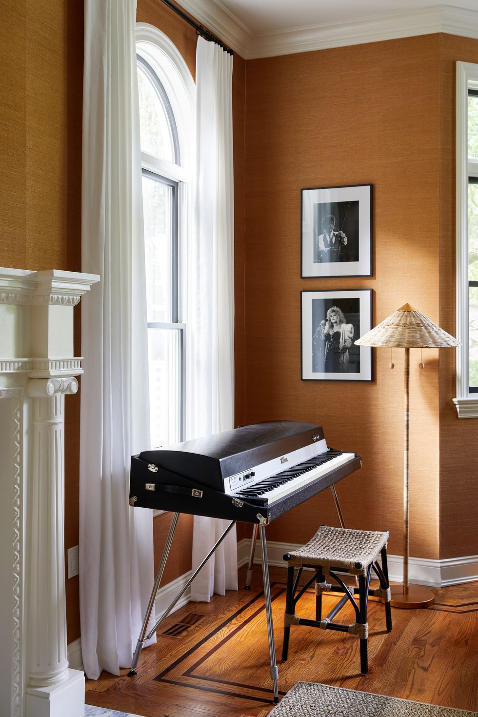 living room with piano