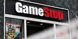 new york, new york   january 27 gamestop store signage is seen on january 27, 2021 in new york city stock shares of videogame retailer gamestop corp has increased 700 in the past two weeks due to amateur investors photo by michael m santiagogetty images
