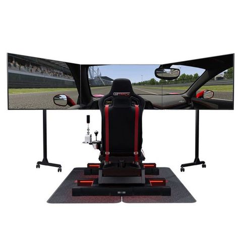 sim racing rig with triple screen monitor