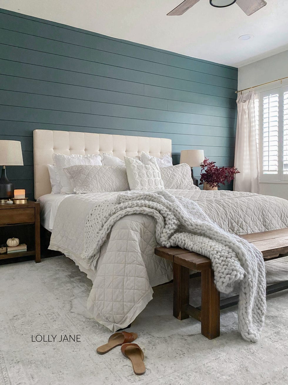 farmhouse bedroom blue wood panels