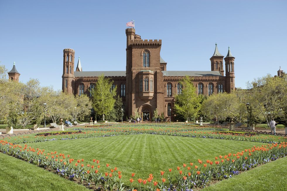 garden and grounds in front of smithsonian institute castle, washington dc, usa