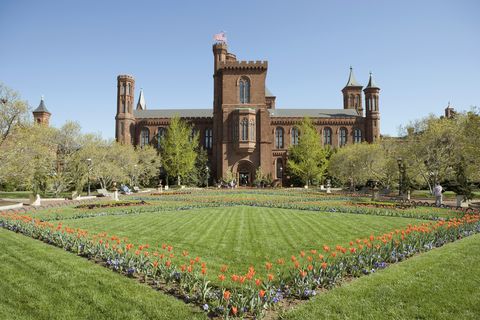 garden and grounds in front of smithsonian institute castle, washington dc, usa
