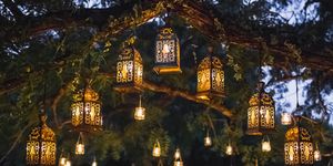 garden lighting ideas, hanging lanterns draping from tree branch